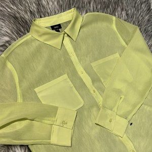 NWT Mossimo Citrine Yellow Semi Sheer Textured Button Down Long Sleeve Blouse L